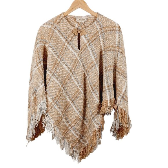Boyne Valley Weavers, Hand Crafted Ireland, Tan Plaid Poncho, Wool Blend, O/S - Picture 1 of 11